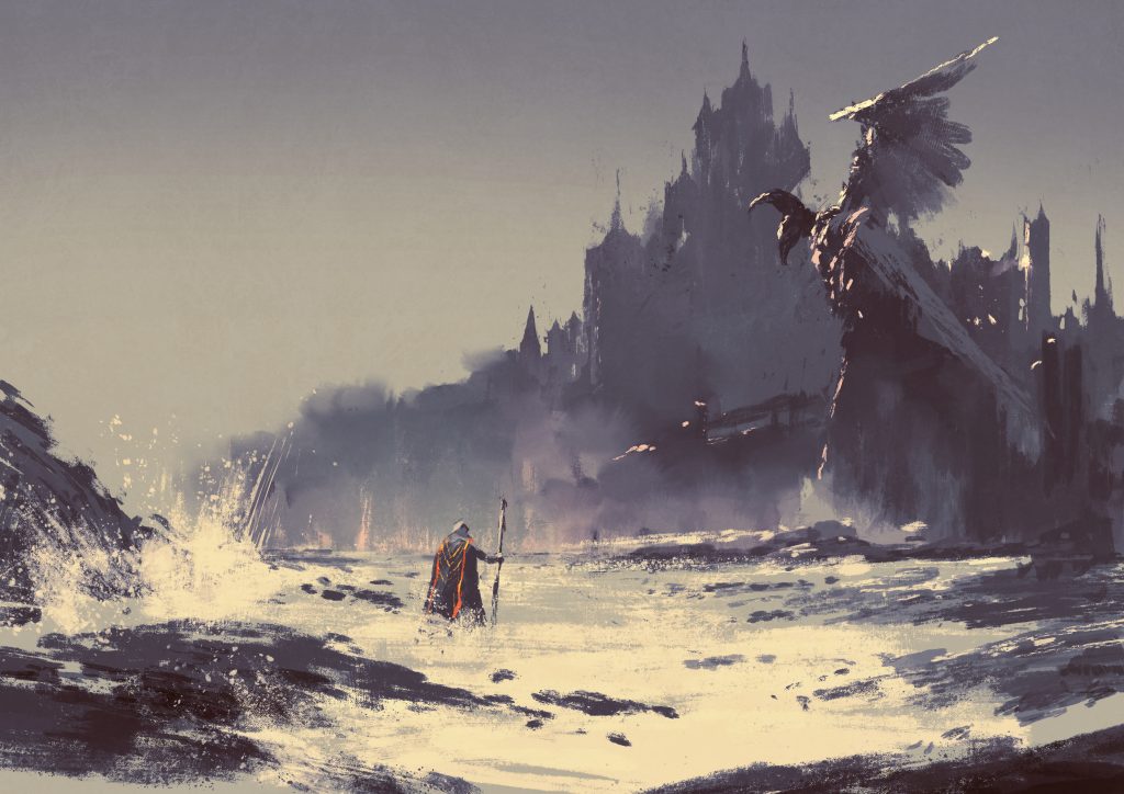 Ilustración de un personaje caminando a través de la playa hacia un castillo